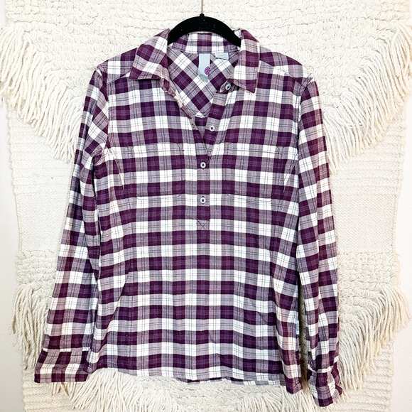 STIO purple and white plaid half button up flannel top S - Picture 1 of 12